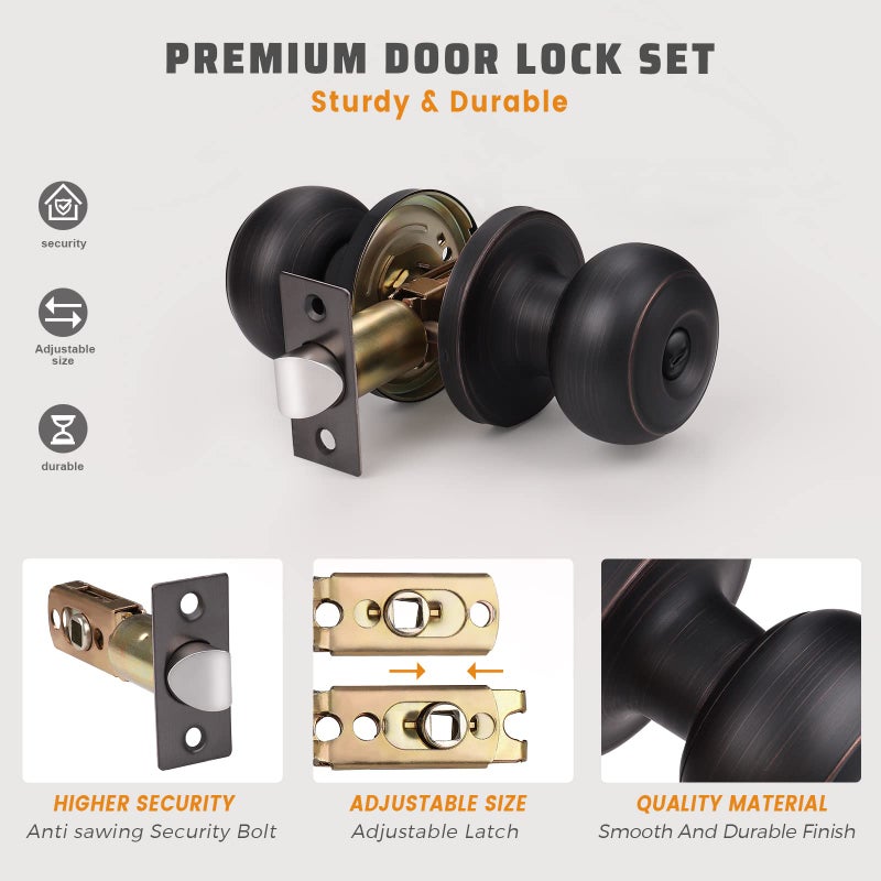 KNOBWELL 10 Pack Oil Rubbed Bronze Privacy Door Knobs Stainless Steel Keyless Interior Door Knob with Lock Bedroom Bathroom Round Door Knob, Locking Interior Bronze - Image 4